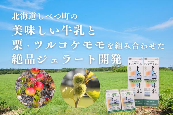 北海道しべつ町の美味しい牛乳と、試験栽培中の栗やツルコケモモを組み合わせた絶品ジェラート開発！新たな特用林産物の開発で遊休地を活用する。